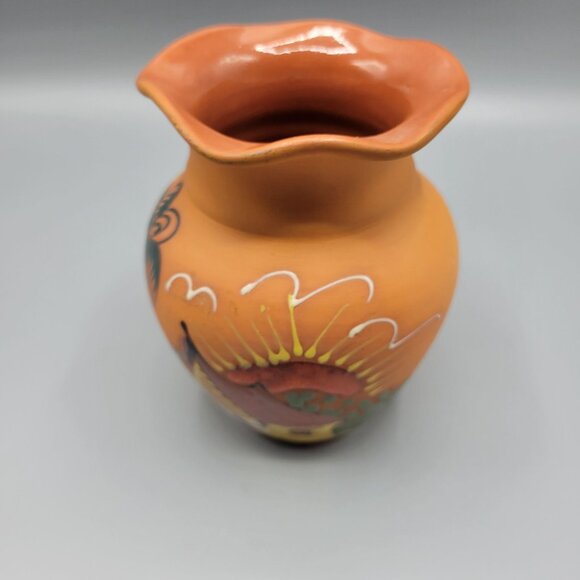 Vintage Hand Painted Terracotta Vase Scenic Design Flared Rim Signed Punta Cana - Picture 2 of 13
